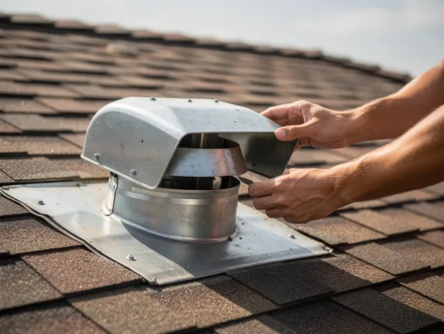 Cleveland Heights Dryer Vent Cleaning certified technician safely cleaning a roof-mounted dryer vent in Cleveland Heights