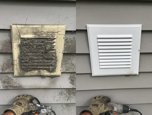 Cleveland Heights Dryer Vent Cleaning technician installing high-quality dryer vent cover at a residential property in Cleveland Heights