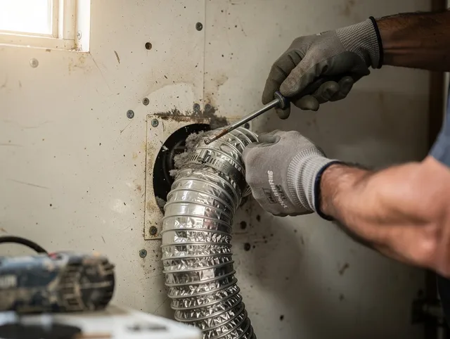 Cleveland Heights Dryer Vent Cleaning technician performing precise dryer vent hose installation in Cleveland Heights